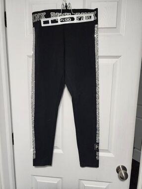 PINK Victoria's Secret Black Leggings with Silver Sequin Side Stripes